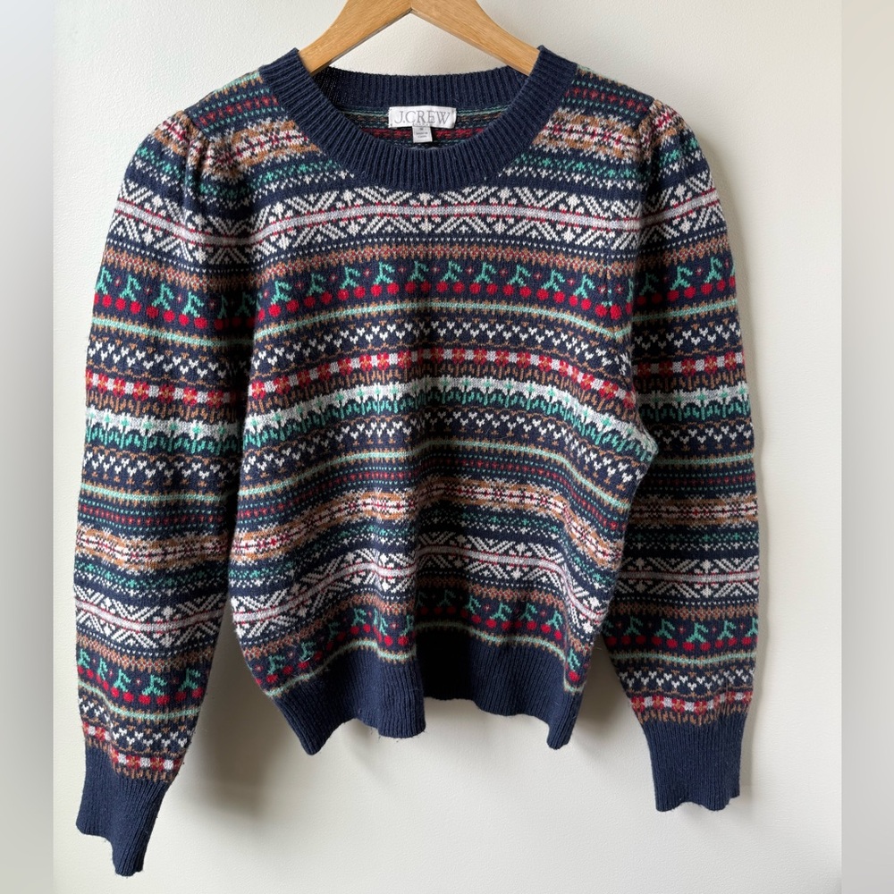 J. Crew Navy Fair Isle Crewneck Sweater with Multicolor Pattern